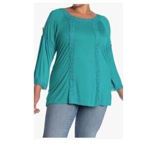 Forgotten Grace Women's Crochet Trim Cold Shoulder Blouse Atlantis Green 2X